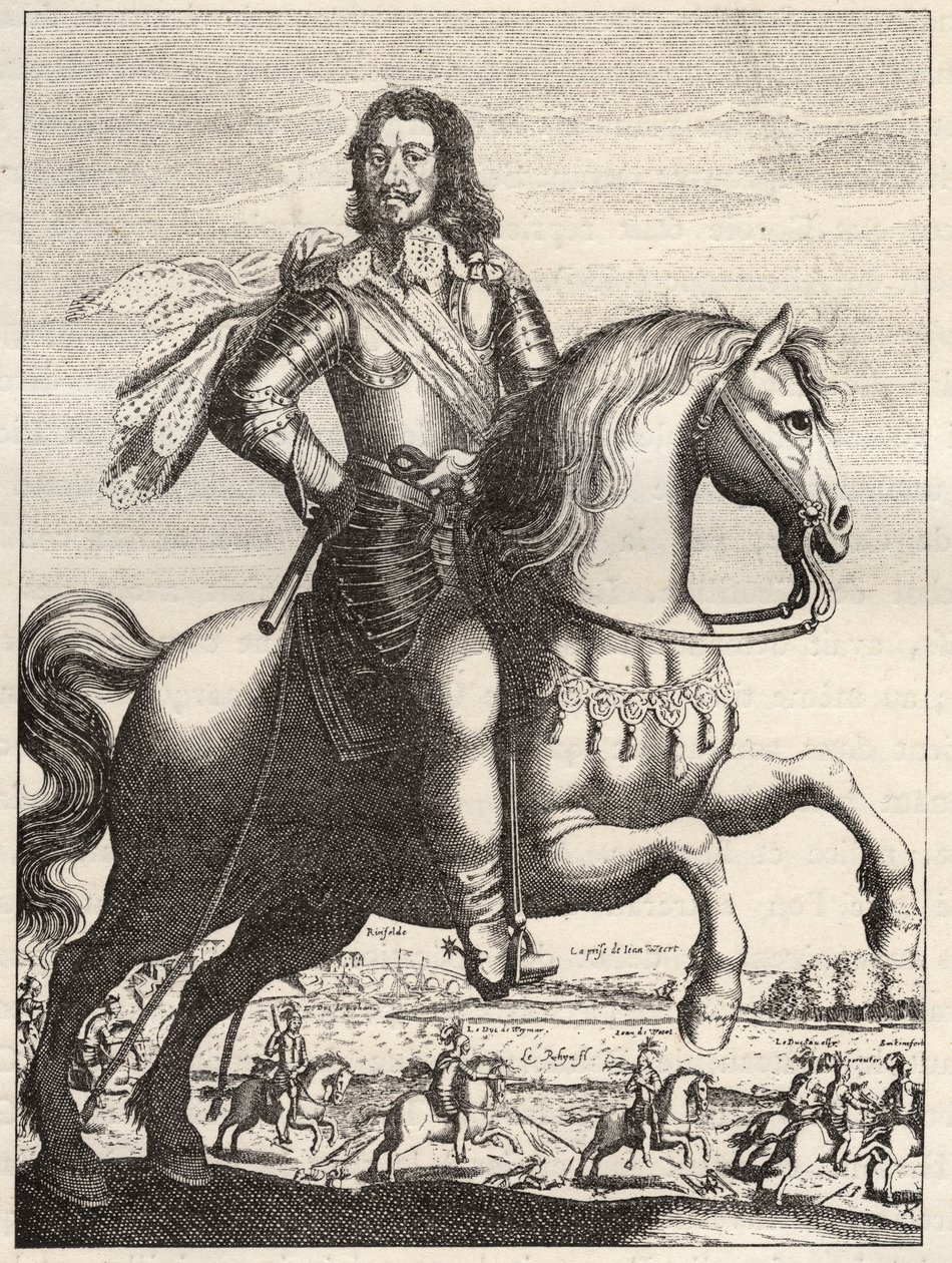 صورة لبرنارد ساكسونيا فايمار (ساكسونيا-فايمار) (1604-1639) مع تصوير القبض على جون أوف ويرث بواسطة الدوق برنارد ودوق روهان. نقش من القرن السابع عشر. مجموعة خاصة. بواسطة مجهول مجهول