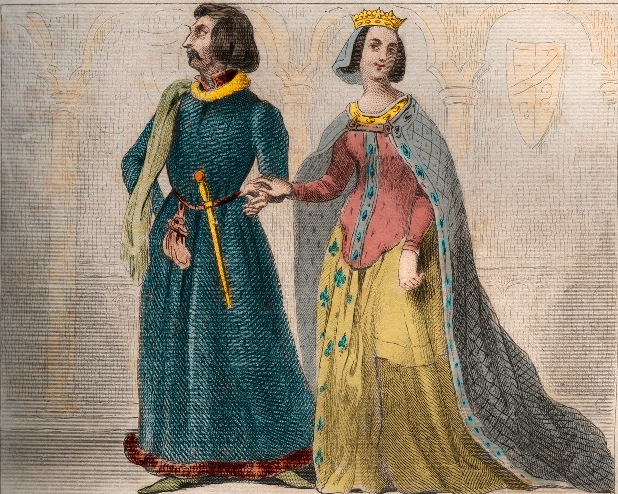 صورة لشارلوت دي سافوي (1441-1483) ملكة فرنسا ، مع لويس الحادي عشر ملك فرنسا ، المعروف باسم الحكيم (1423-1483). نقش من عام 1859 في "" لوموند. تاريخ جميع الشعوب من أبعد الأوقات حتى يومنا هذا ". بواسطة M. E. de Lostalot-Bachoue. بواسطة مجهول مجهول