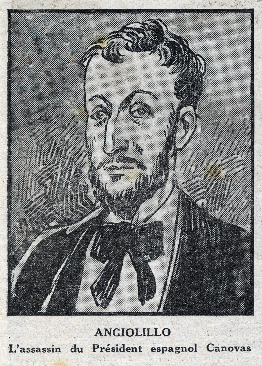 صورة ميشيل أنجيوليلو لومباردي ديت خوسيه سانتس أو رينالديني ، فوضوي إيطالي (1871-1897) قاتل رئيس المجلس الإسباني ، أنطونيو كانوفاس ديل كاستيلو (1828-1897). نقش في "مجلة L'illustrious du petit Journal" " بواسطة مجهول مجهول