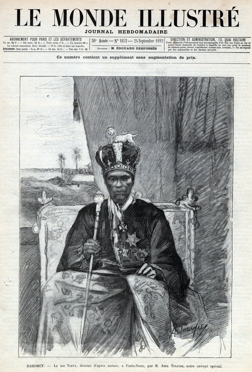 صورة توفا الأول (توفا) (حوالي 1850-1908) ، ملك داهومي (بنين) إلى بورتو نوفو (بورتو نوفو). جريدة. نقش في "Le monde illustree" عام 1892. مجموعة خاصة. بواسطة مجهول مجهول
