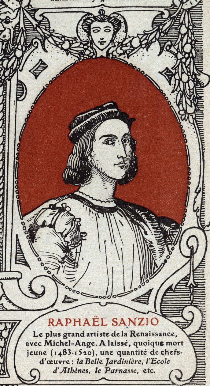 صورة لرسام عصر النهضة الإيطالي رافائيل (رافائيل سانزيو 1483-1520). نقش من عام 1914. مجموعة خاصة. بواسطة مجهول مجهول