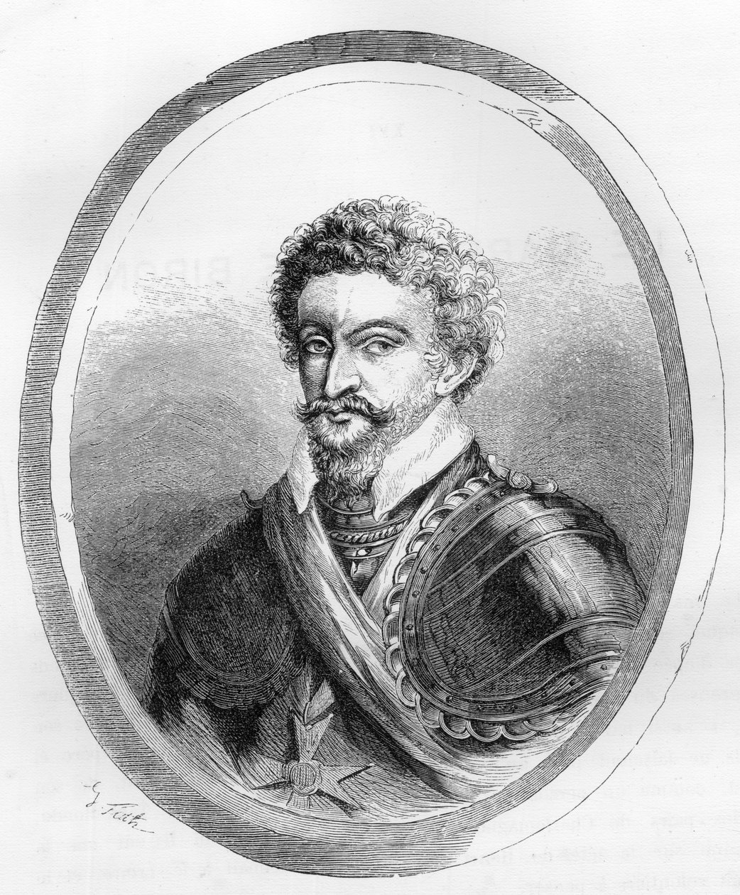 صورة شخصية للمارشال تشارلز دي جونتو ، البارون ، ثم دوق بيرون (1562-1602) - نقش من عام 1863 في "Le Livre Rouge - Histoire De L'echafaud en France" لدوبراي دي لا ماهري. مجموعة خاصة. بواسطة مجهول مجهول