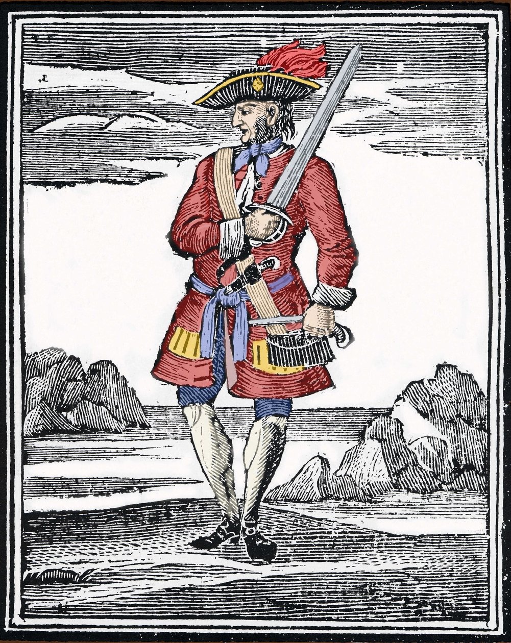 صورة للقراصنة جاك راكهام تقول الأحمر أو جون راكهام ، المعروف باسم كاليكو جاك (1720). نقش. بواسطة مجهول مجهول