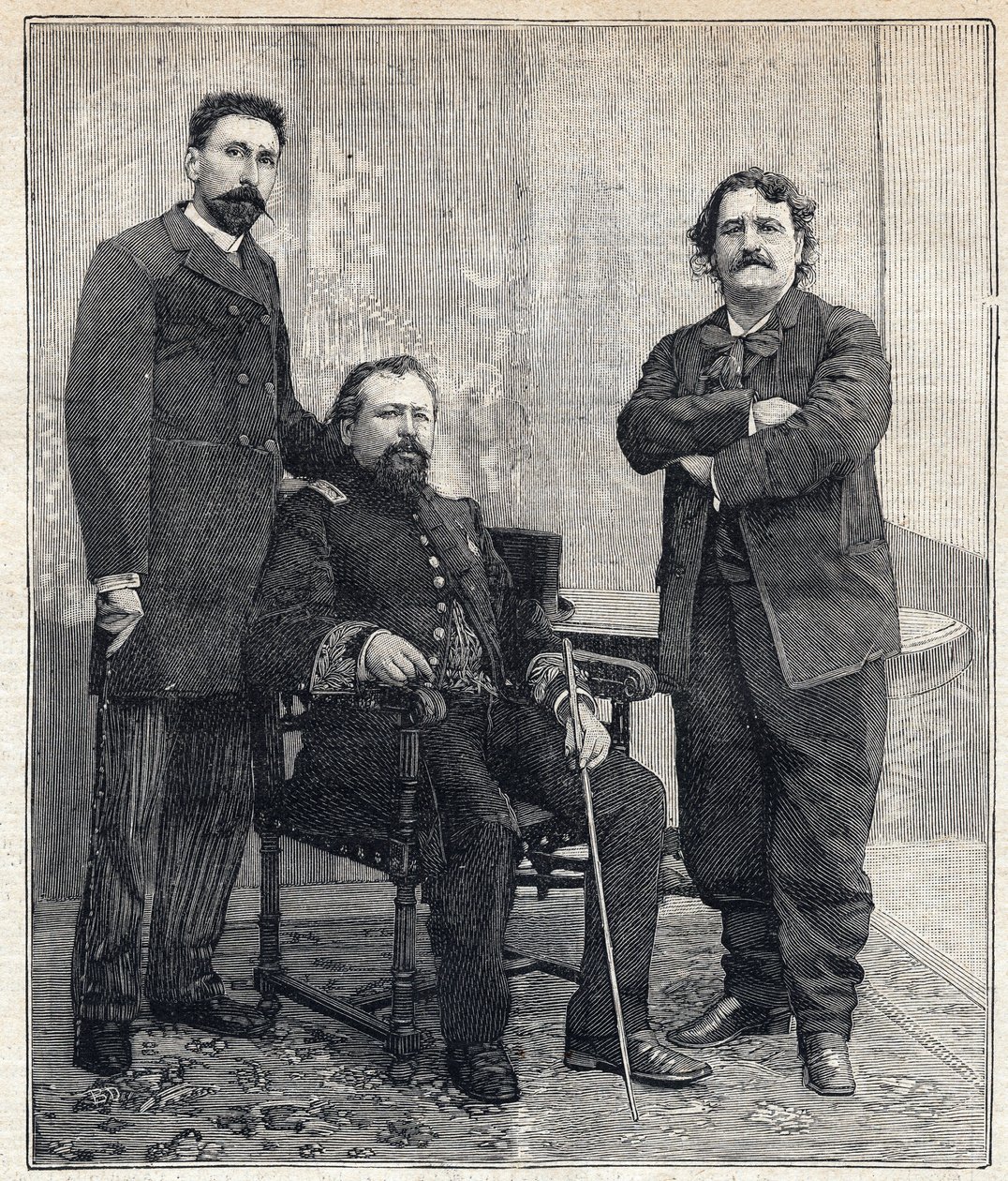 صورة لثلاثة "مرشدون أكاديميون": ماريوس تورنيد ، وأخيل لو روي وماكسيم لشبونة (1839-1905) الذين أرادوا السخرية من الأكاديمية الفرنسية. نقش على "" لو بيتي باريزيان "" "بتاريخ 4/06/1893. بواسطة مجهول مجهول