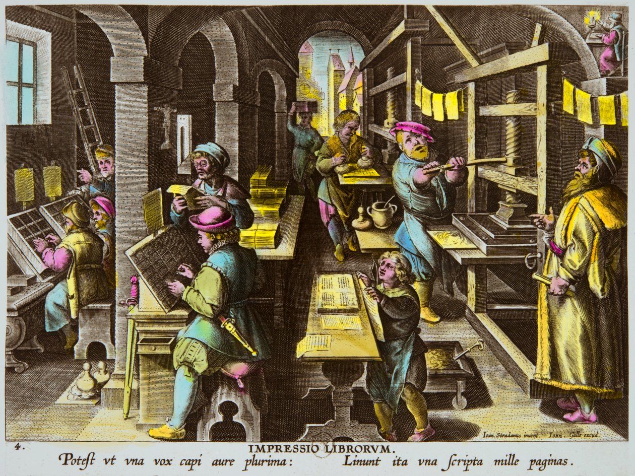 الطابعات والطباعة المطبعية مع مكبس الذراع حوالي 1600 بواسطة Jan Van Der Straet (Giovanni Stradano أو Johannes Stradanus) (1523-1605) ، مجموعة Privee بواسطة مجهول مجهول