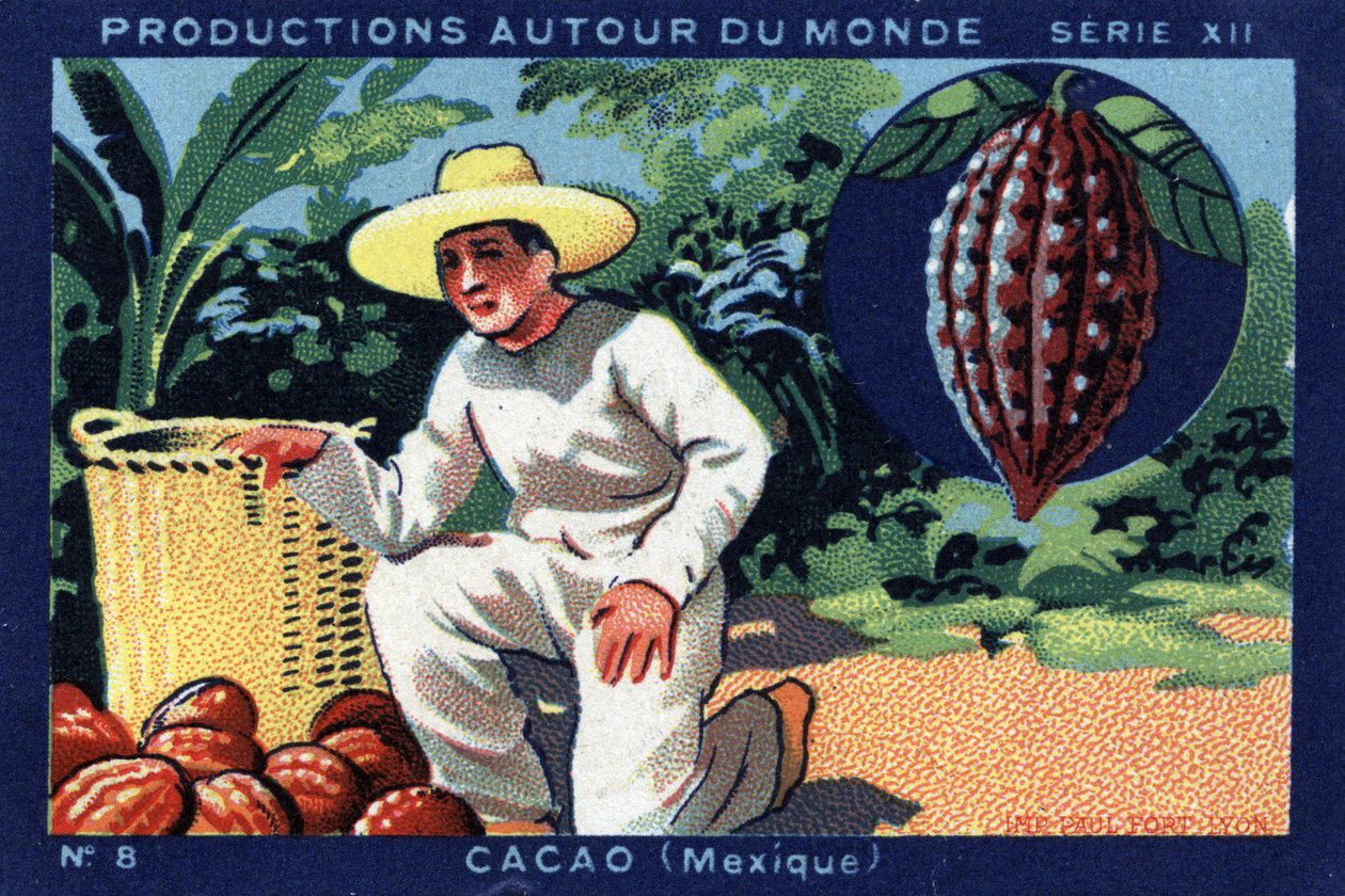 إنتاجات حول العالم: الكاكاو في المكسيك. الطباعة الحجرية الملونة لعام 1933 في "" ألبوم جوزيف ميليات " بواسطة مجهول مجهول