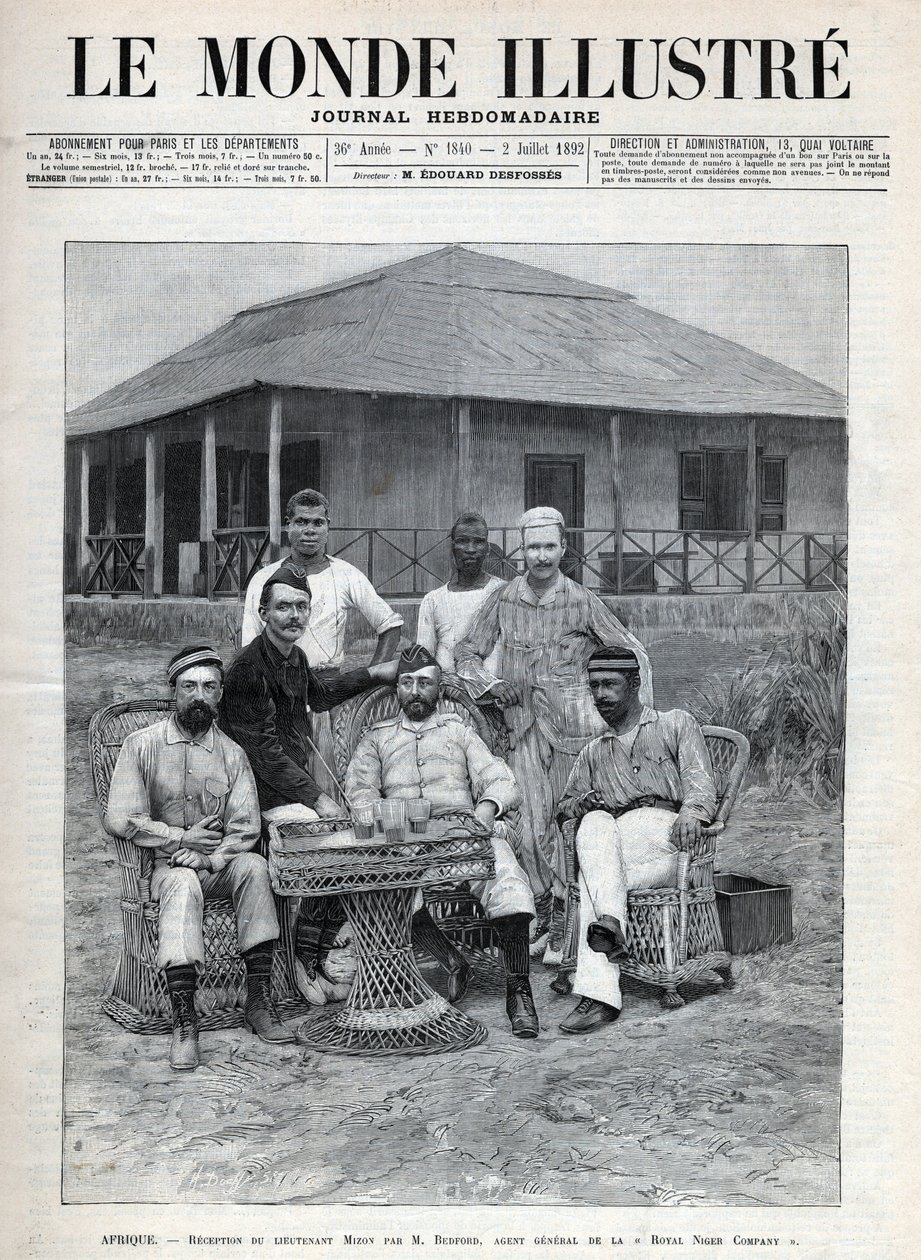 استقبال الملازم ميزون من قبل فريدريك بيدفورد (1838-1913) الوكيل العام لشركة رويال النيجر. المستكشف الفرنسي لويس ألكسندر أنطوان ميزون (1853-1899) أثناء رحلته إلى غرب إفريقيا. جريدة. نقش في "Le monde illustree" عام 1892. بواسطة مجهول مجهول
