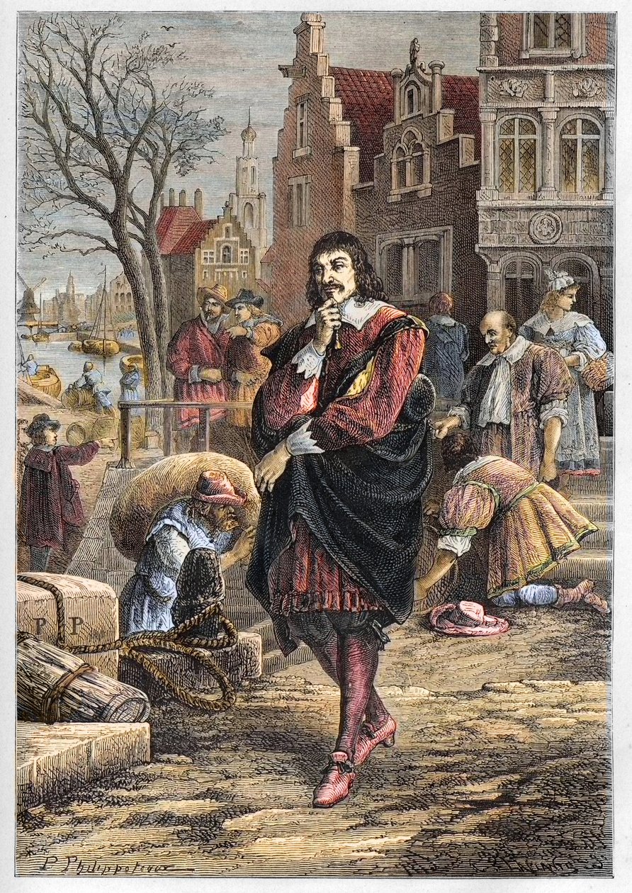 رينيه ديكارت (1596-1650) ، فيلسوف وعالم رياضيات فرنسي يسير في شوارع أمستردام - ديكارت في أمستردام - نقش من "" تاريخ فرنسا الذي روى لأحفادي "- بقلم فرانسوا جيزو - 1872-1876 بواسطة مجهول مجهول