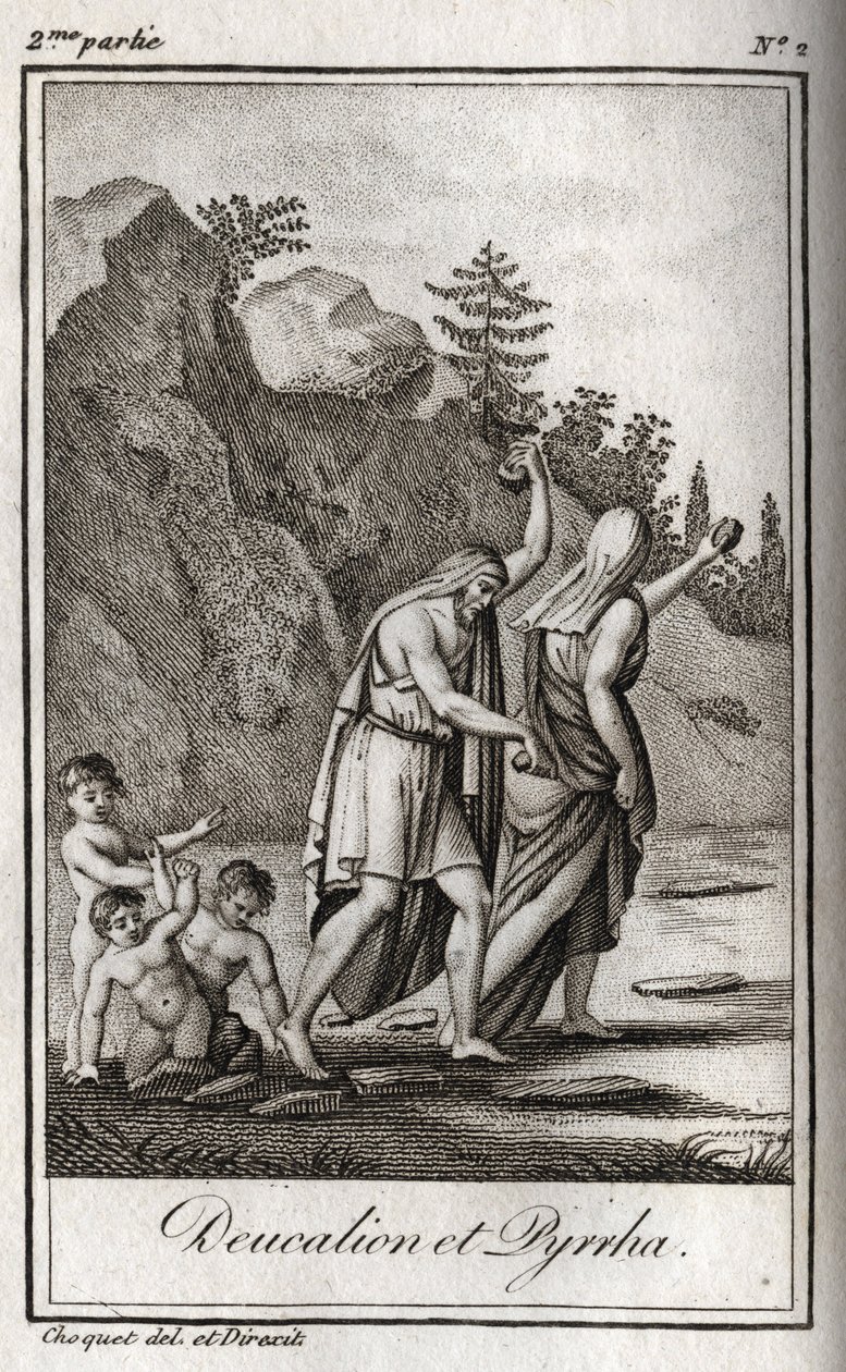 Representation of Deucalion and Pyrrha, the only survivors after the deluge caused by Zeus to destroy the human race. Themis after the deluge asks them to walk the head covered by throwing behind them the bones of their mother (the stones of the Earth) (Re بواسطة مجهول مجهول