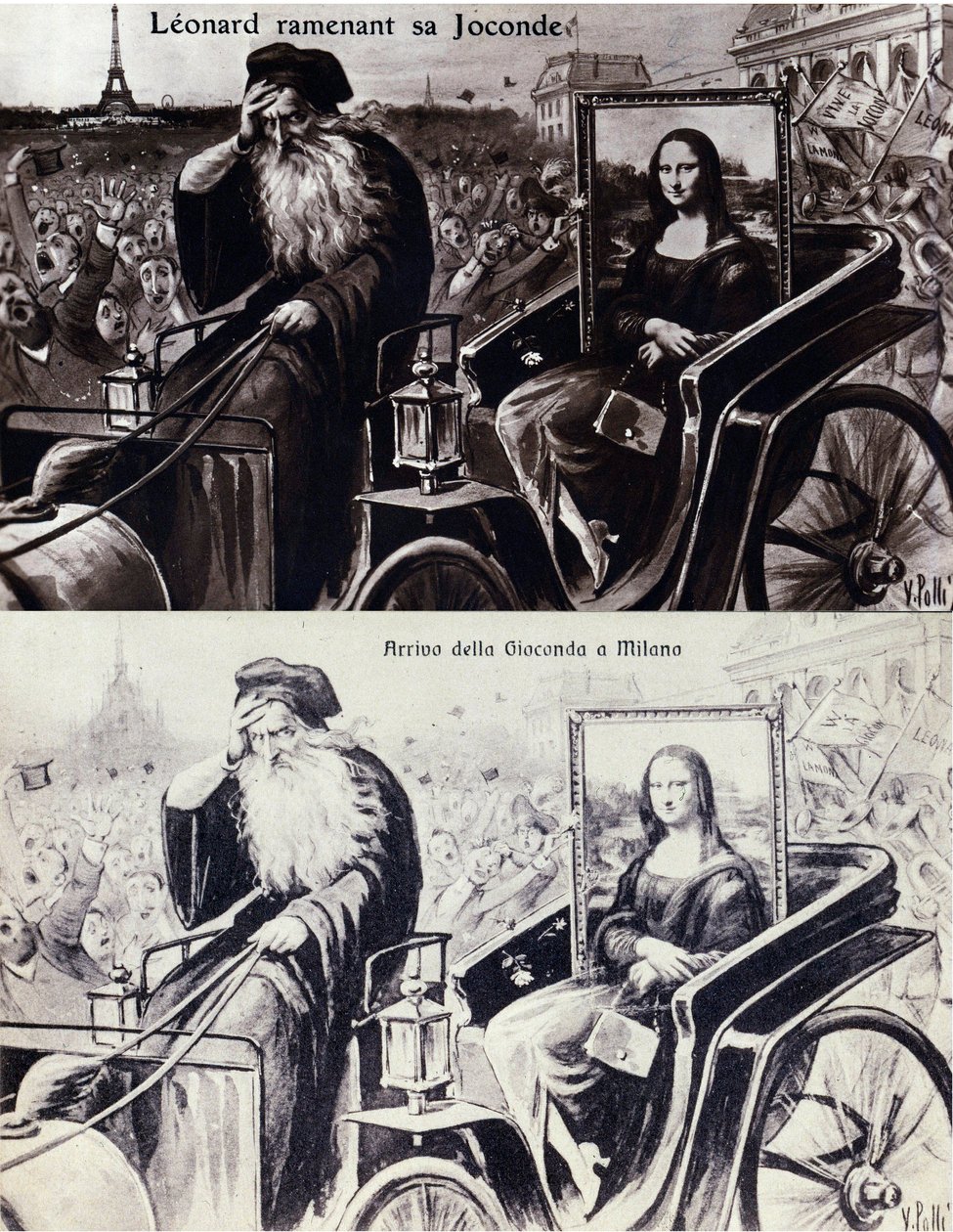 تمثيل ليونارد دي فينشي (ليوناردو دافنشي) (1452-1519) يعيد عمله "" الموناليزا "(الموناليزا ، الموناليزا) بعد سرقة عمل فينشنزو بيروجيا (1881-1925) التي حدثت في 21/08/1911. بطاقة بريدية كوميديا بواسطة مجهول مجهول