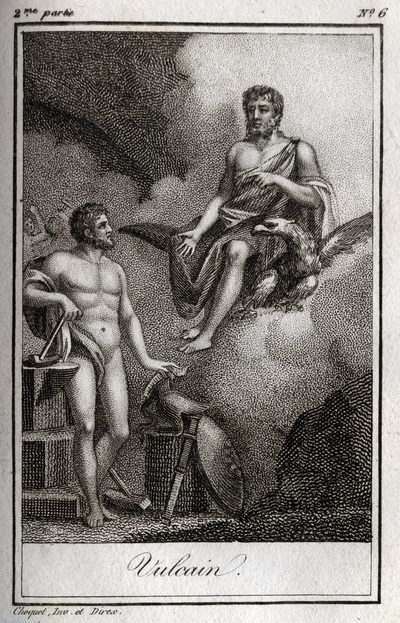 تمثيل فولكان إله النار والحدادة والبراكين. (فولكان إله النار والبراكين). نقش من عام 1819 في "Lettres a Emilie sur la mythologie" لتشارلز ألبرت ديموستييه (1760-1801). مجموعة خاصة. بواسطة مجهول مجهول