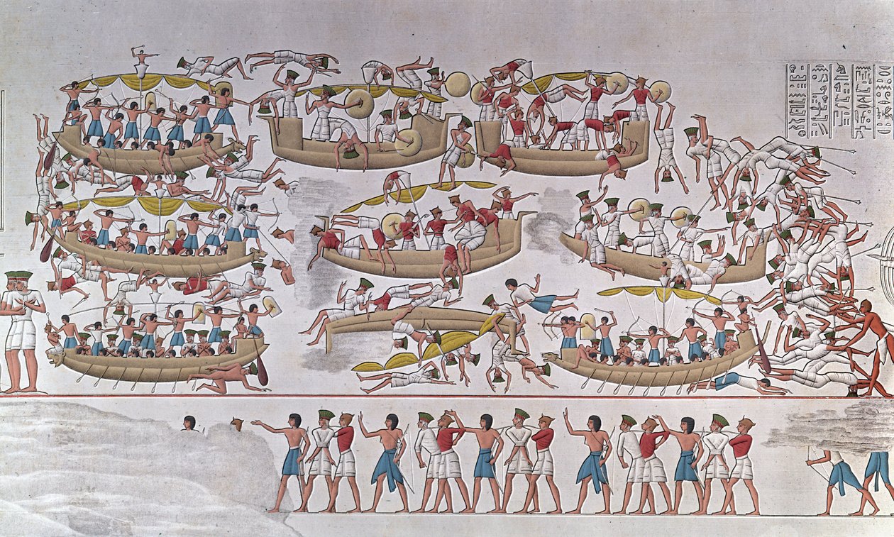 Representation of the Battle of the Nile Delta between the Armees of Ramses III and the Peoples of the Sea” From a relief to the funeral temple of Medinet Habou, Egypt بواسطة مجهول مجهول