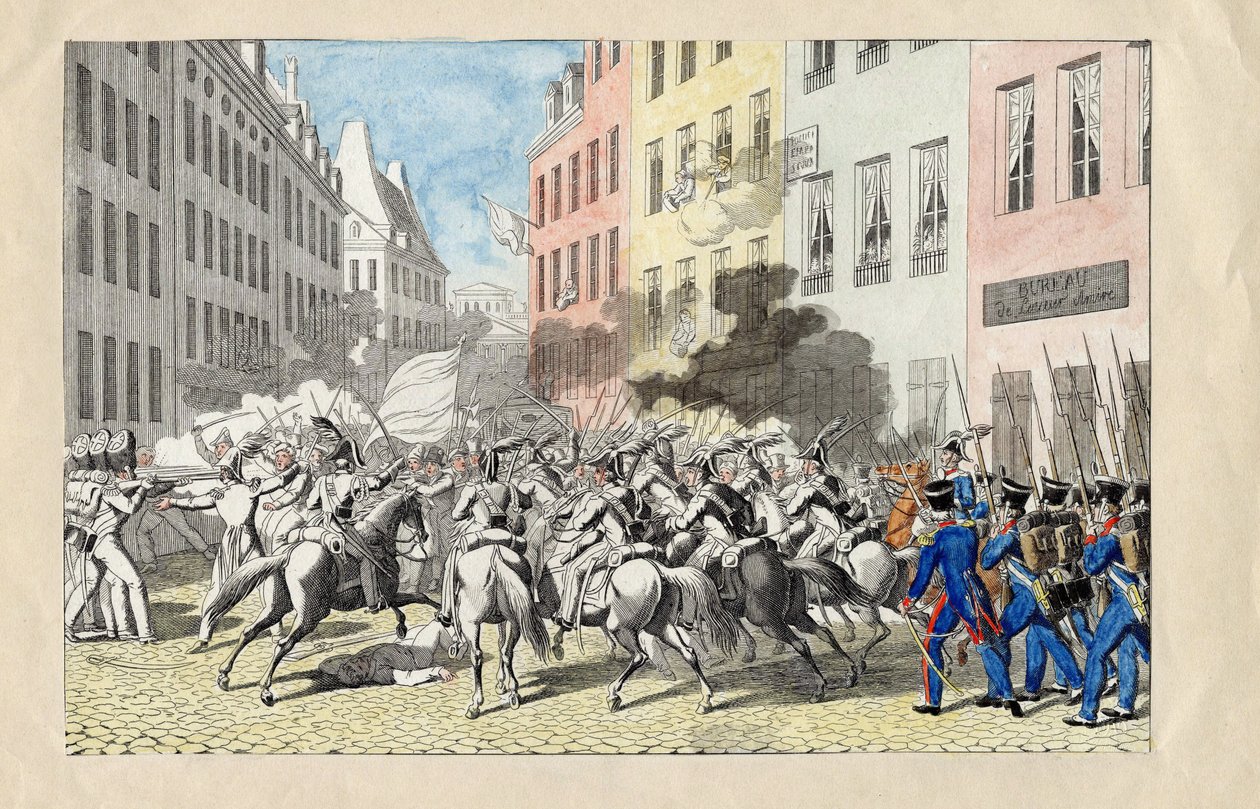 Revolution de Juillet 1830 a Paris (ثورة يوليو 1830) نقش وألوان مائية مجهولة 1830 مقاس 25.7x40.3 سم مجموعة خاصة بواسطة مجهول مجهول