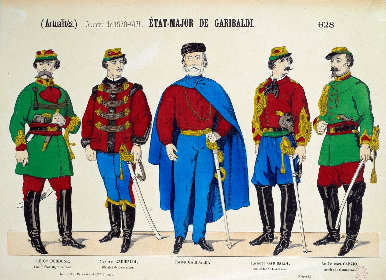 Risorgimento: General Staff of Giuseppe Garibaldi (1807-1882). The heros of the Italian Unite is represented surrounded by his two sons Menotti and Riciotti, by General Bordone and Colonel Canzio. Engraving around 1870 Paris, Musee Carnavalet بواسطة مجهول مجهول