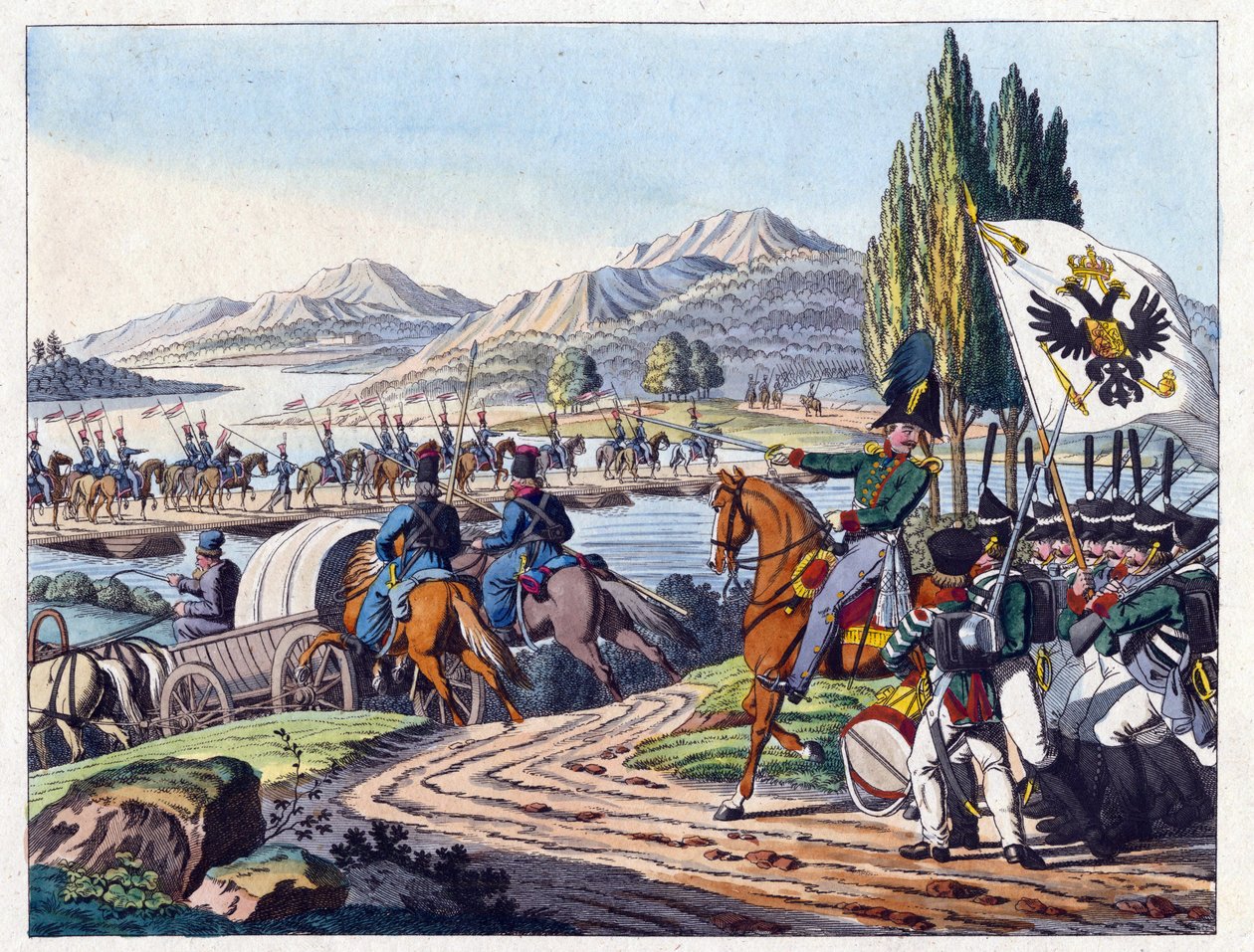 يعبر الجيش الروسي نهر بروث إلى مولدافيا في مايو 1828 - مجهول - 1829 - حفر ، ألوان مائية - 37،9 × 24،4 - مجموعة خاصة بواسطة مجهول مجهول
