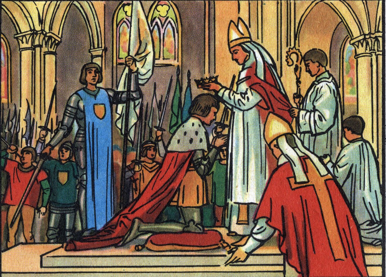 الملك المقدس تشارلز السابع (1422-1461) من قبل Archeveque of Reims في 17/7/1429 بحضور جان دارك (1412-1431). توضيح مجهول في "" مجموعة ملوك ورؤساء دول فرنسا "". القرن ال 20. مجموعة خاصة. بواسطة مجهول مجهول