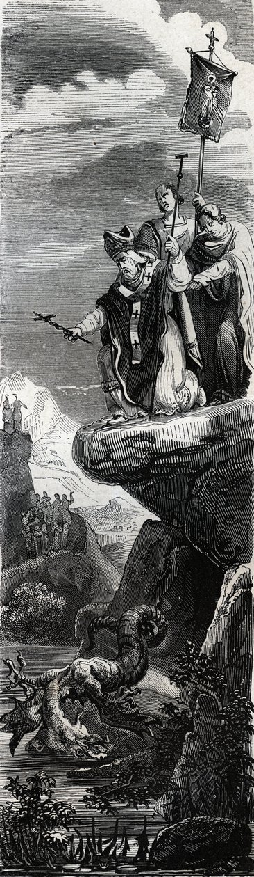 سانت فرونت (أول مبشر للبيريجورد) (القرن الثالث) ترسيخ التنين في دوردوني - نقش عام 1846 في "" حياة القديسين "" ". مجموعة خاصة. بواسطة مجهول مجهول