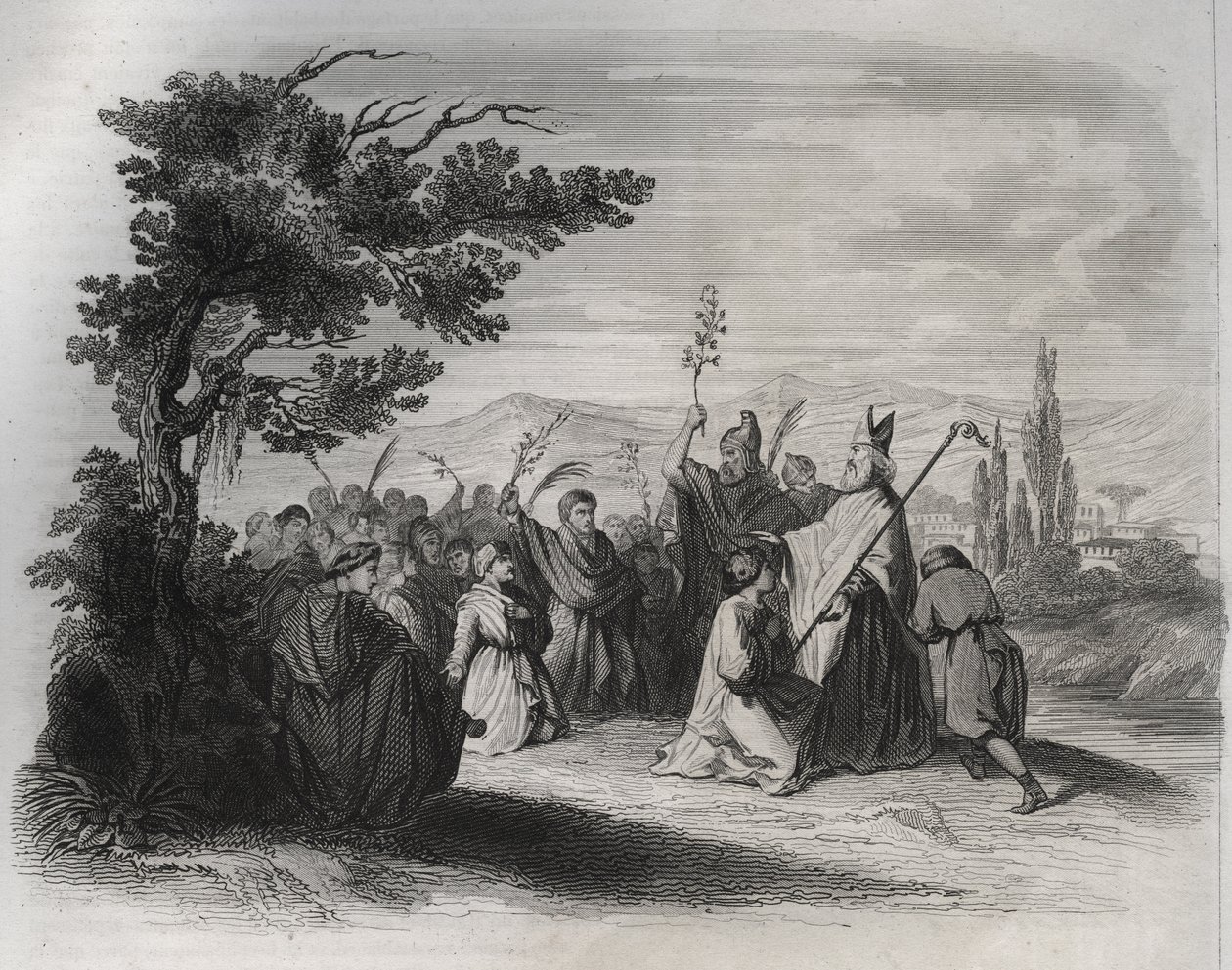 عودة القديس هيلير دي بواتييه (310-368) من المنفى. نقش من عام 1846 في "" حياة القديسين ". مجموعة خاصة. بواسطة مجهول مجهول