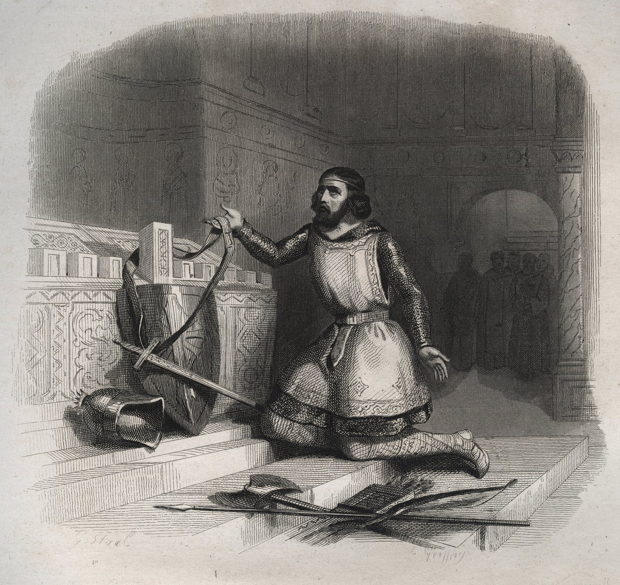 القديس ويليام الأكيتيان (جيلهم جيلوني) (حوالي 750 / 755-812 / 815) يضع ذراعيه على قبر القديس جوليان الشهيد في بريود. نقش من عام 1846 في "" حياة القديسين ". مجموعة خاصة. بواسطة مجهول مجهول