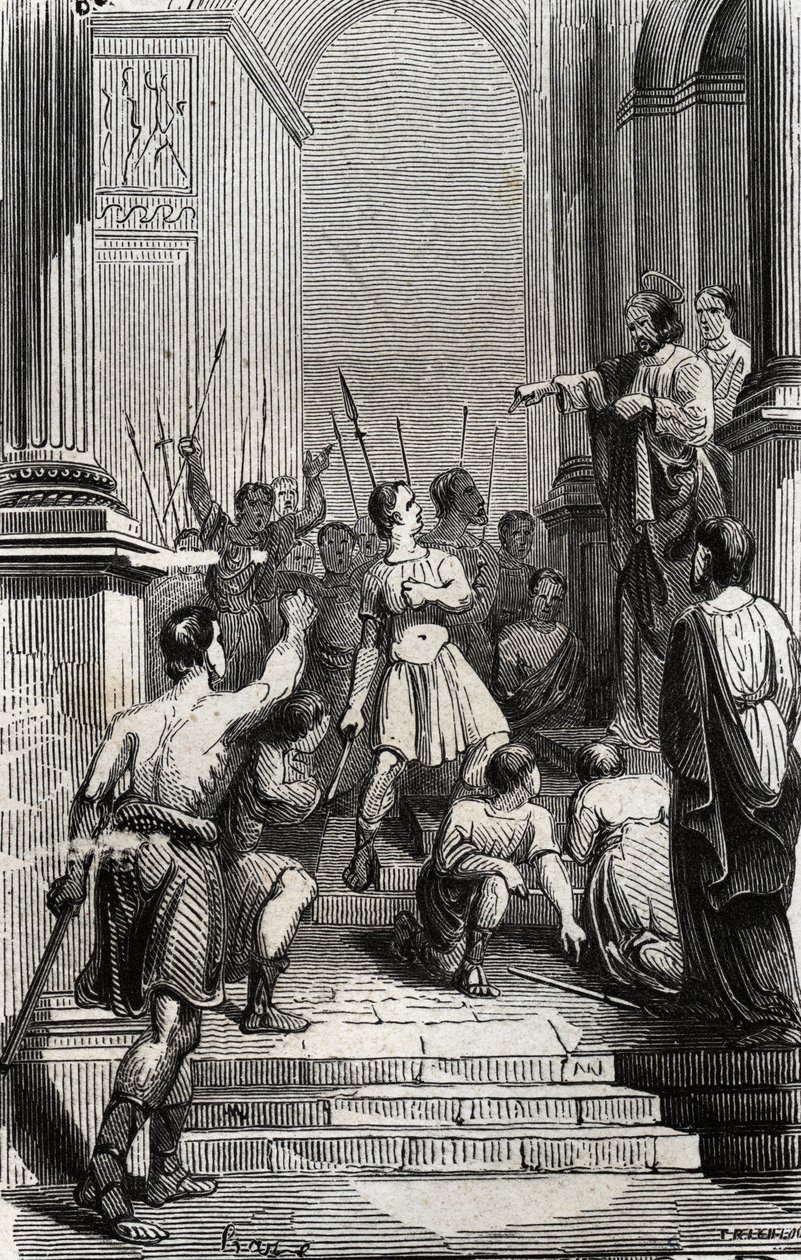 توقف ساتورنين في تولوز (القديسة سيرنين ، أول إيفيك مسيحي في تولوز) (القرن الثالث) في مبنى الكابيتول في تولوز - نقش عام 1846 في "حياة القديسين". مجموعة خاصة. بواسطة مجهول مجهول