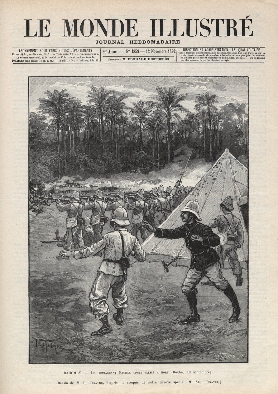 حرب داهومي الثانية (1892-1894): وفاة القائد الفرنسي فوراكس أثناء معركة دوجبا في 19 سبتمبر 1892 في داهومي (بنين حاليًا). جريدة. نقش في "Le monde illustree" عام 1892. مجموعة خاصة. بواسطة مجهول مجهول