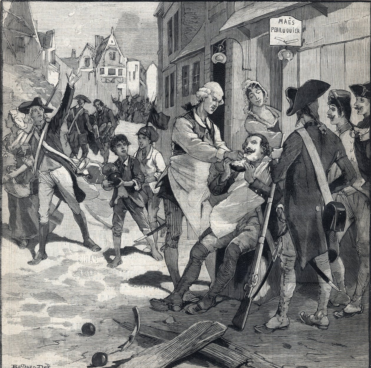 حصار ليل عام 1792: شعر مستعار مايس باستخدام أداة تحطيم قنبلة كطبق لحية لحلق العميل. نقش في "Le petit parisien" بتاريخ 16/10/1892. مجموعة خاصة بواسطة مجهول مجهول