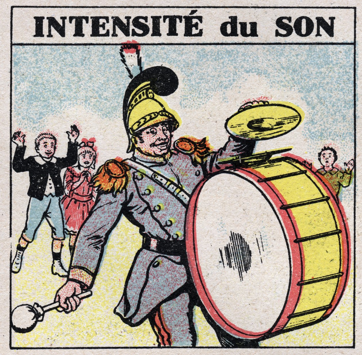 طاقة الصوت: صوت مكثف. الطبل الجهير لفرقة عسكرية. رسم توضيحي مجهول من عام 1925. مجموعة خاصة. بواسطة مجهول مجهول