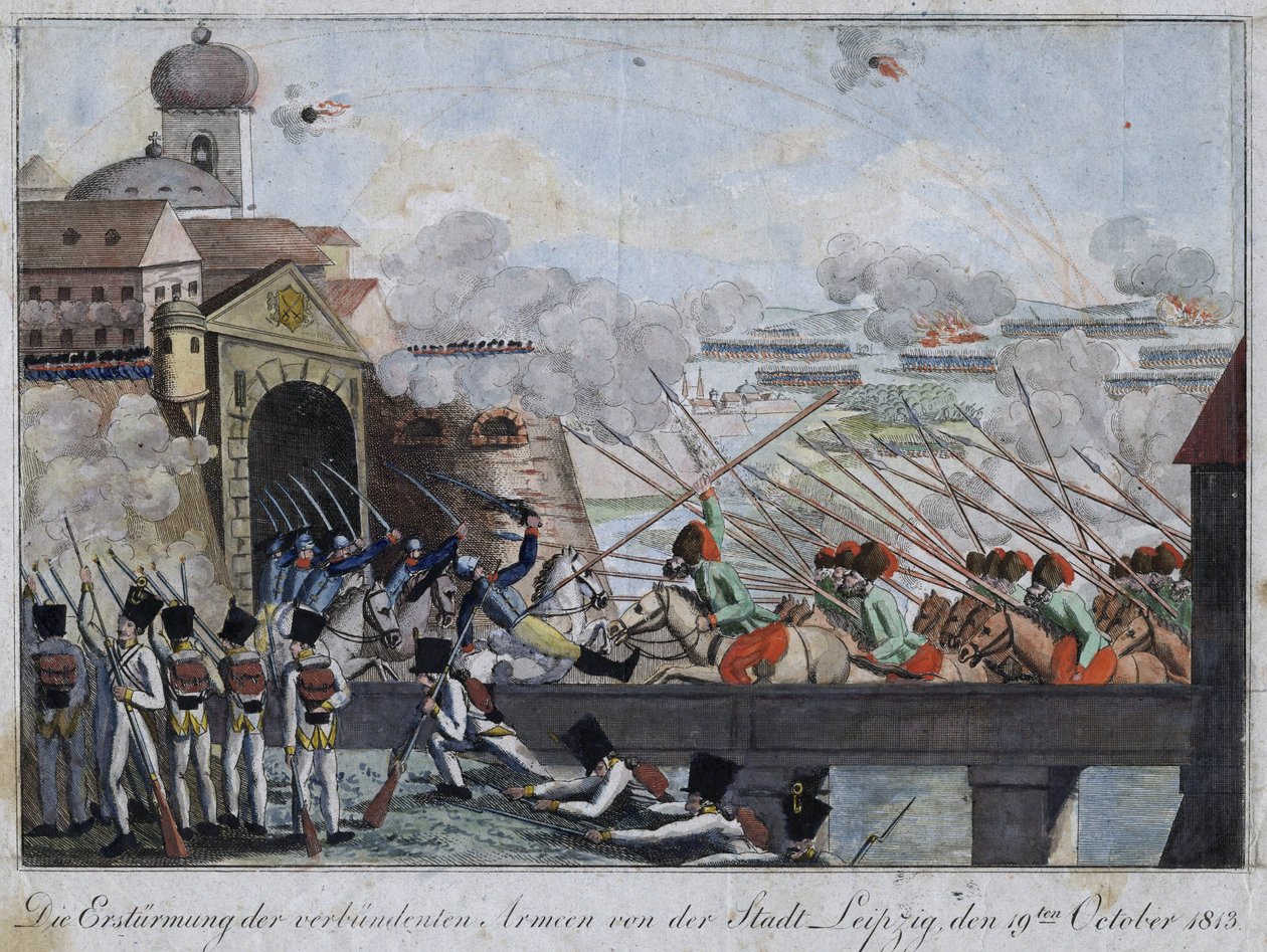 اقتحام قوات الحلفاء لمدينة لايبزيغ - bataille de Leipzig ou bataille des Nations (16-19 sctobre 1813) - مجهول - 1813 - حفر ، ألوان مائية - 33،3x27 - مجموعة خاصة بواسطة مجهول مجهول