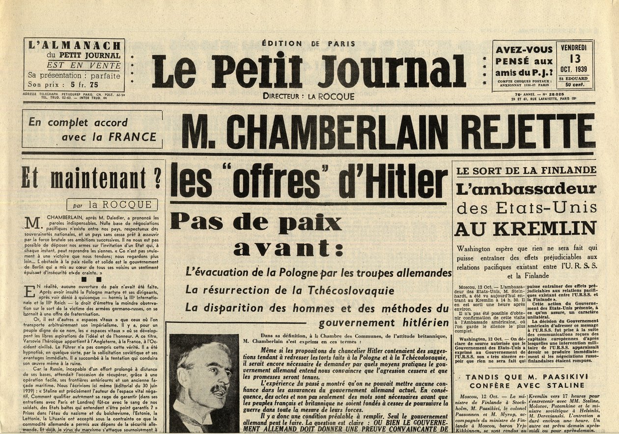 سميتل جورنال الجمعة 13 أكتوبر 1939 نيفيل شامبرلين (1869-1940) رفض عروض أدولف هتلر بواسطة مجهول مجهول