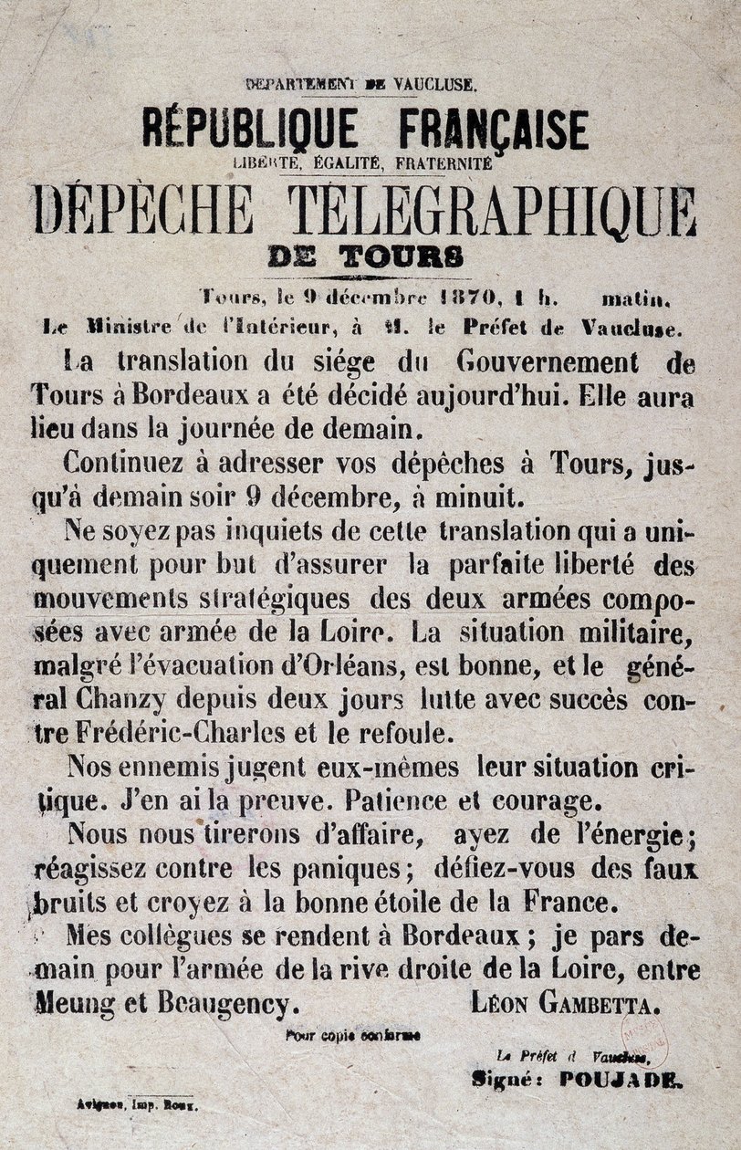 الأخبار البرقية من جولات 9/12/1870 بواسطة ليون غامبيتا. بواسطة مجهول مجهول