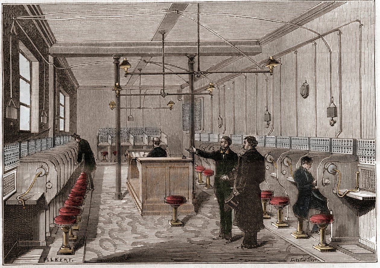 مقسم هاتفي تم إنشاؤه وفقًا لنظام الاتصالات السلكية واللاسلكية Edison Gower-Bell - أول هاتف مركزي في باريس عام 1879 - نظام بواسطة الأمريكي فريدريك جاور - نقش في "La Nature" "في عام 1880 بواسطة مجهول مجهول