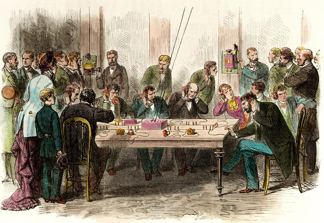 تجربة الاتصال الهاتفي في غرفة الانتظار بمحطة Saint Lazare (Saint-Lazare) في باريس بتاريخ 6/9/1879. نقش مجموعة خاصة من القرن التاسع عشر بواسطة مجهول مجهول