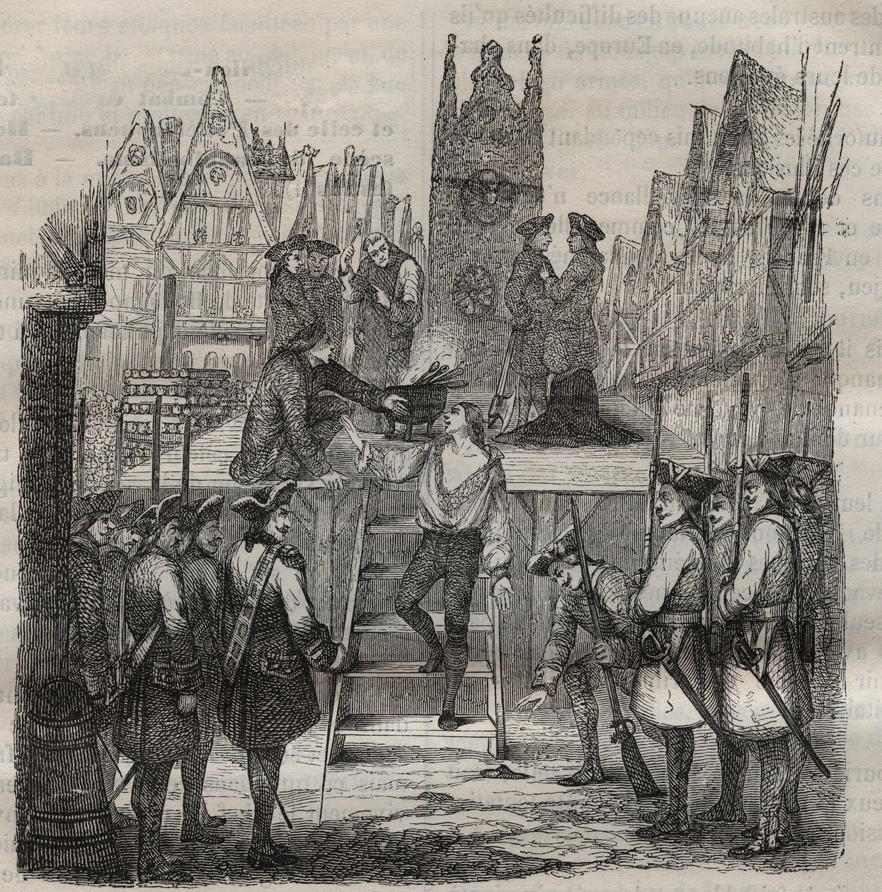 صعد Chevalier Francois-Jean Lefebvre de La Barre (Francois Jean Lefebvre de LaBarre) إلى السقالة في عام 1766. نقش في "تاريخ bagnes من إنشائها حتى يومنا هذا" (1877) بواسطة Pierre Zaccone (1817-1895) (Colonia Penale - مستعمرة العقوبات بواسطة مجهول مجهول