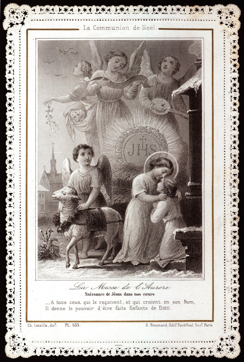 The Christmas Communion. The Mass of the Dawn. Birth of Jesus in our hearts Pious image. Dentelee postcard. Private Collection بواسطة مجهول مجهول