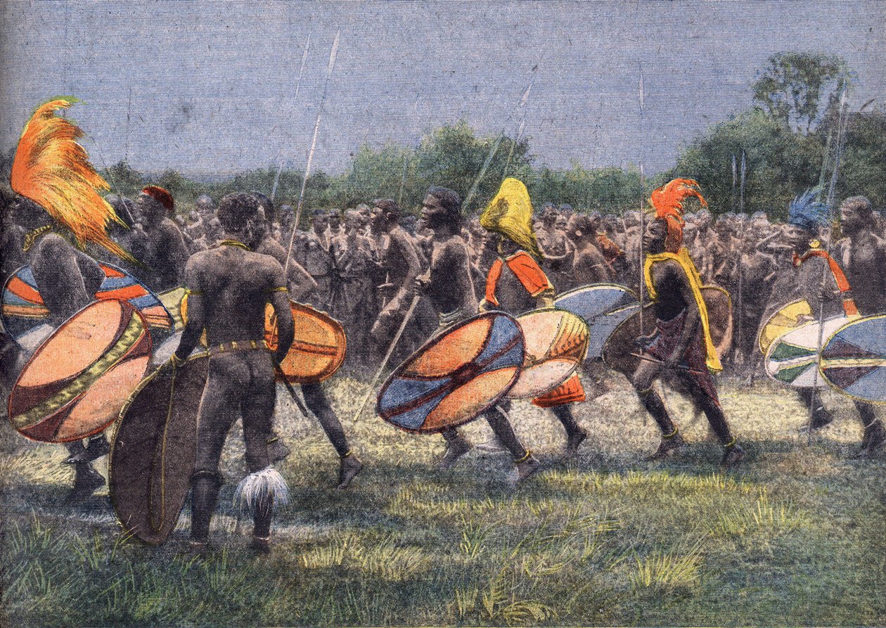 بعثة الرئيس الأمريكي الأسبق ثيودور روزفلت (1858-1919) إلى إفريقيا: رقصة المحارب في أوغندا. نقش. احدى جريدة "Le Petit Parisien" بتاريخ 24/4/1910. مجموعة خاصة. بواسطة مجهول مجهول