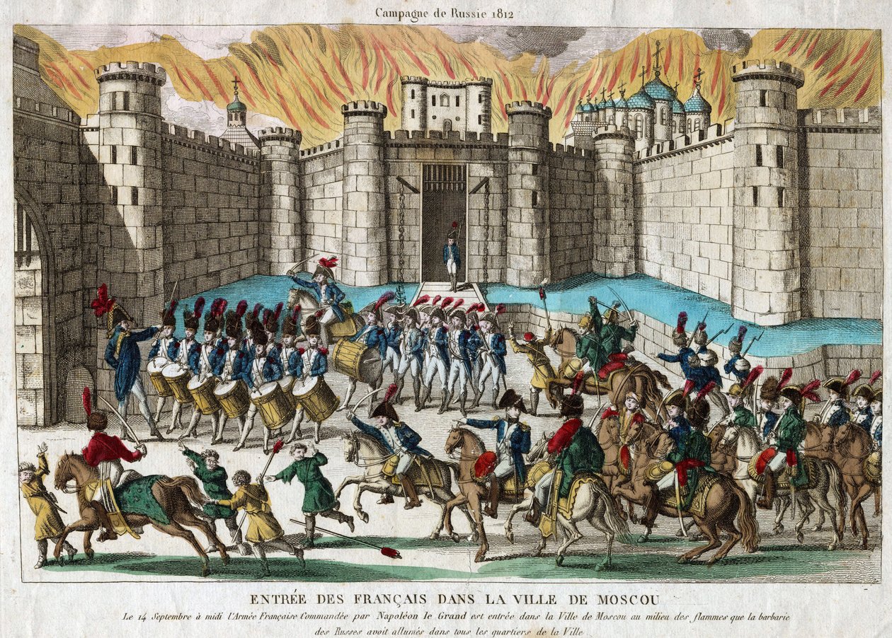 دخول الفرنسيين إلى موسكو - مجهول - 1812 - حفر ، ألوان مائية - 26.9x37.8 - مجموعة خاصة بواسطة مجهول مجهول