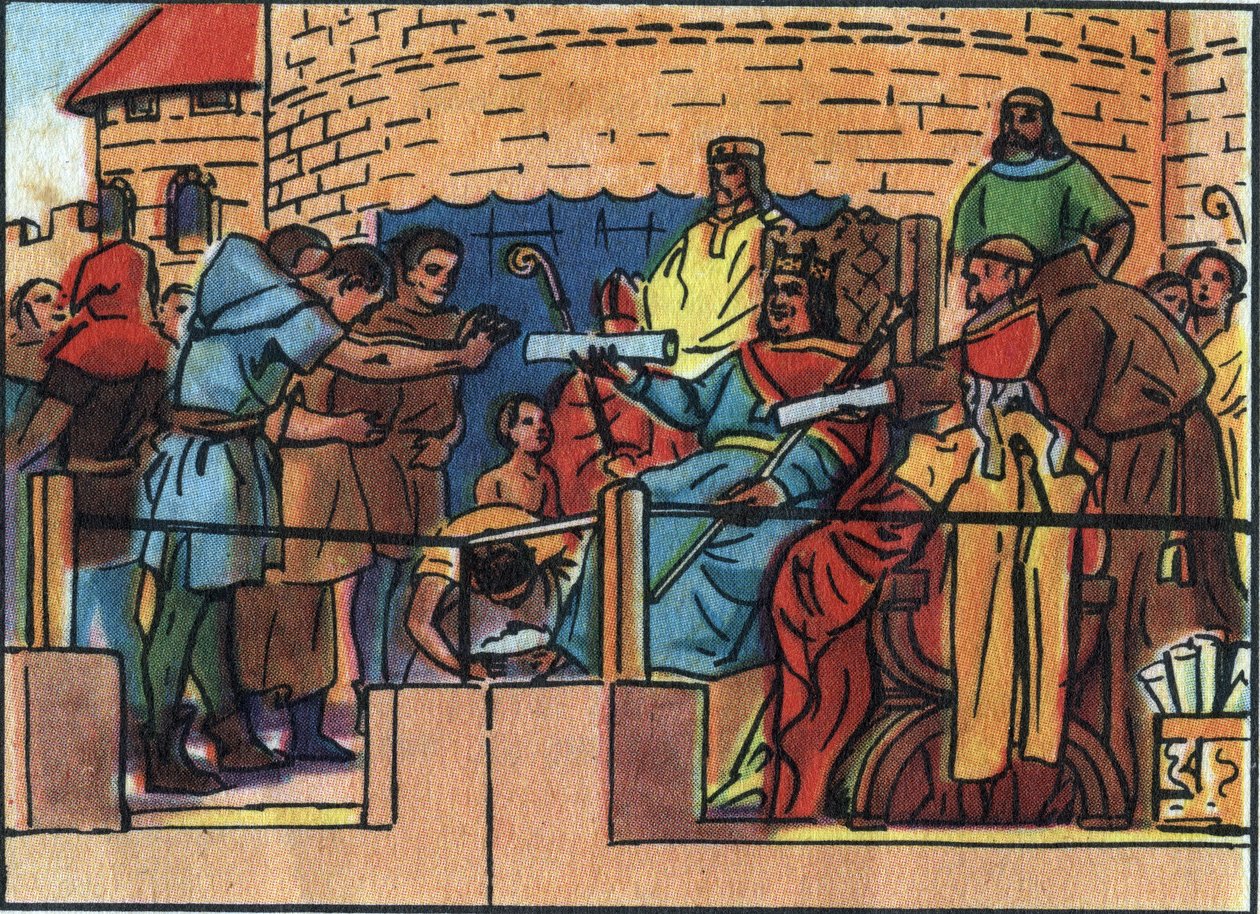 منح ملك فرنسا لويس السادس الكبير (1081-1137) الميثاق لمدينة باريس. توضيح مجهول في "" مجموعة ملوك ورؤساء دول فرنسا "". القرن ال 20. مجموعة خاصة. بواسطة مجهول مجهول