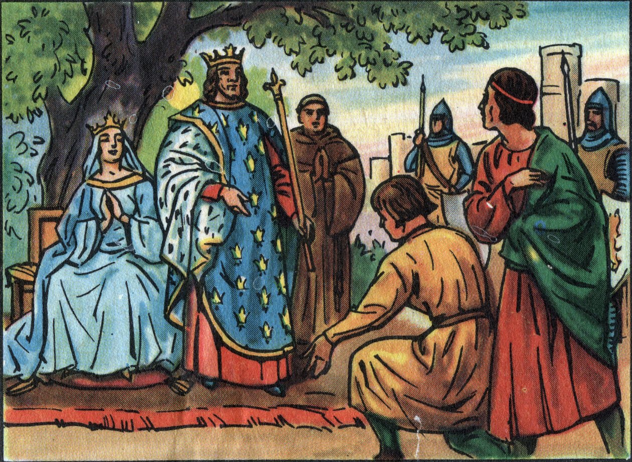 ملك فرنسا سانت لويس (لويس التاسع 1214-1270) يقيم العدل تحت شجرة البلوط من Bois de Vincennes. توضيح مجهول في "" مجموعة ملوك ورؤساء دول فرنسا "". القرن ال 20. مجموعة خاصة. بواسطة مجهول مجهول