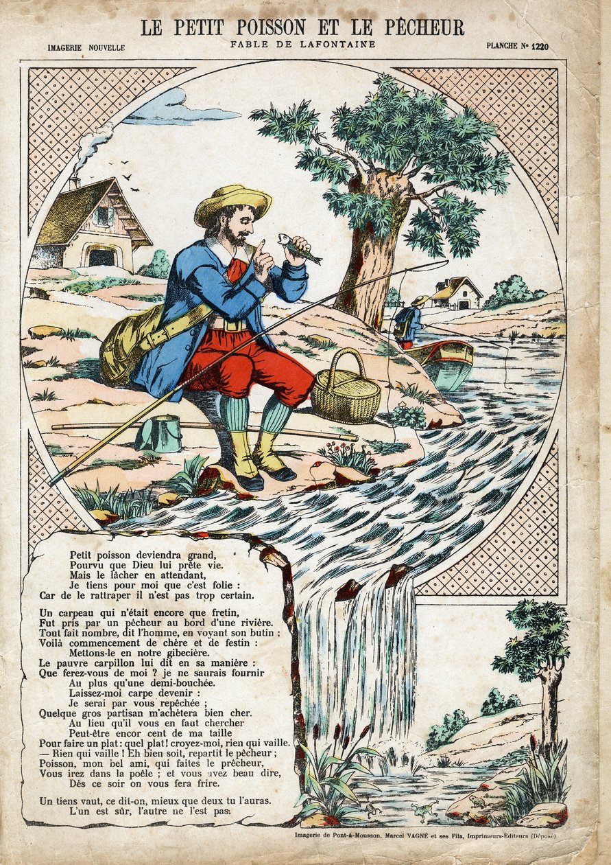 السمكة الصغيرة والصياد. رسم توضيحي مجهول لـ Les Fables بواسطة Jean de LA FONTAINE (لافونتين) (1621-1695). تصوير بونت آ موسون ، حوالي عام 1880. مجموعة خاصة. بواسطة مجهول مجهول