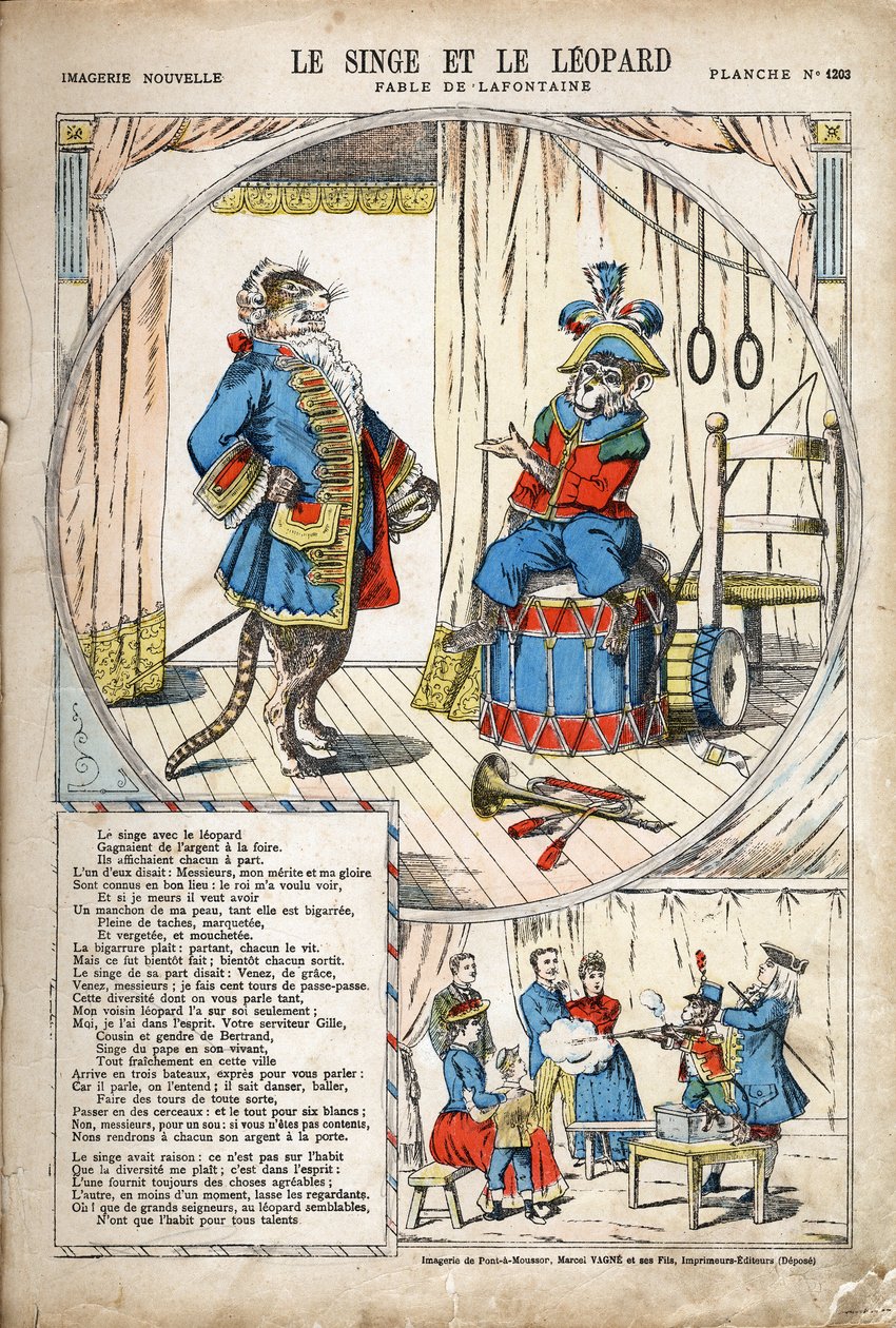 القرد والفهد. رسم توضيحي مجهول لـ Les Fables بواسطة Jean de LA FONTAINE (لافونتين) (1621-1695). تصوير بونت آ موسون ، حوالي عام 1880. مجموعة خاصة. بواسطة مجهول مجهول