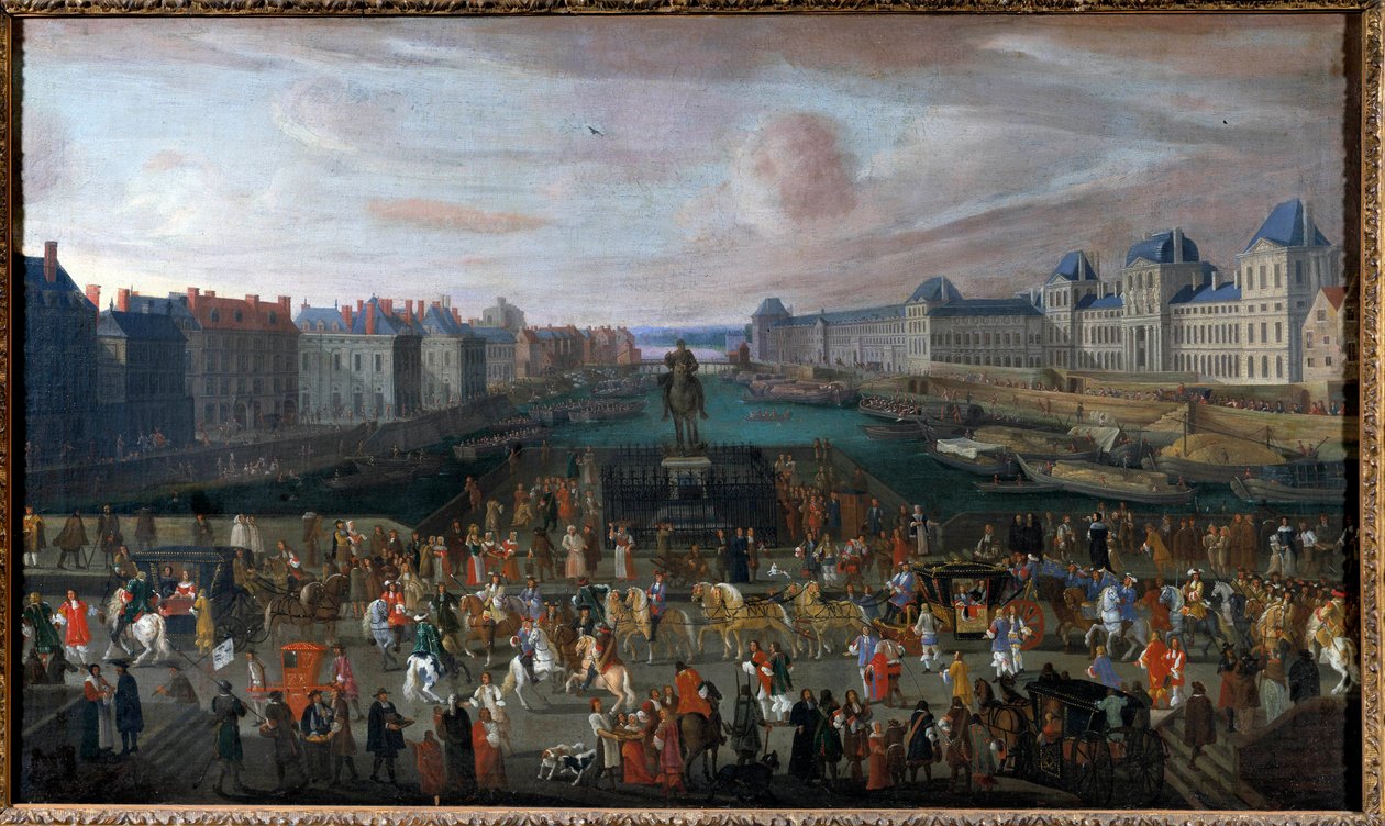 يُنظر إلى Pont Neuf من مدخل Place Dauphine ، و Quai Malaquais مع كلية الأمم الأربعة (Institut de France) تحت الإنشاء ، و Grande Galerie و Louvre عند مرور لوحة المجهول المجهولة. 1665. خافت. 0،74 × 1،25 م. بواسطة مجهول مجهول