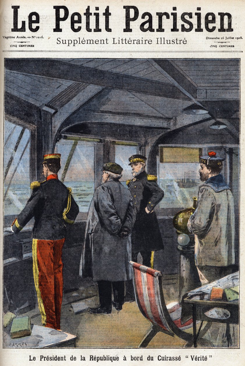 رئيس الجمهورية أرماند فاليريس (1841-1931) على متن Cuirasse “” Verite ””. احدى جريدة "Le Petit Parisien" بتاريخ 26/7/1908. مجموعة خاصة. بواسطة مجهول مجهول