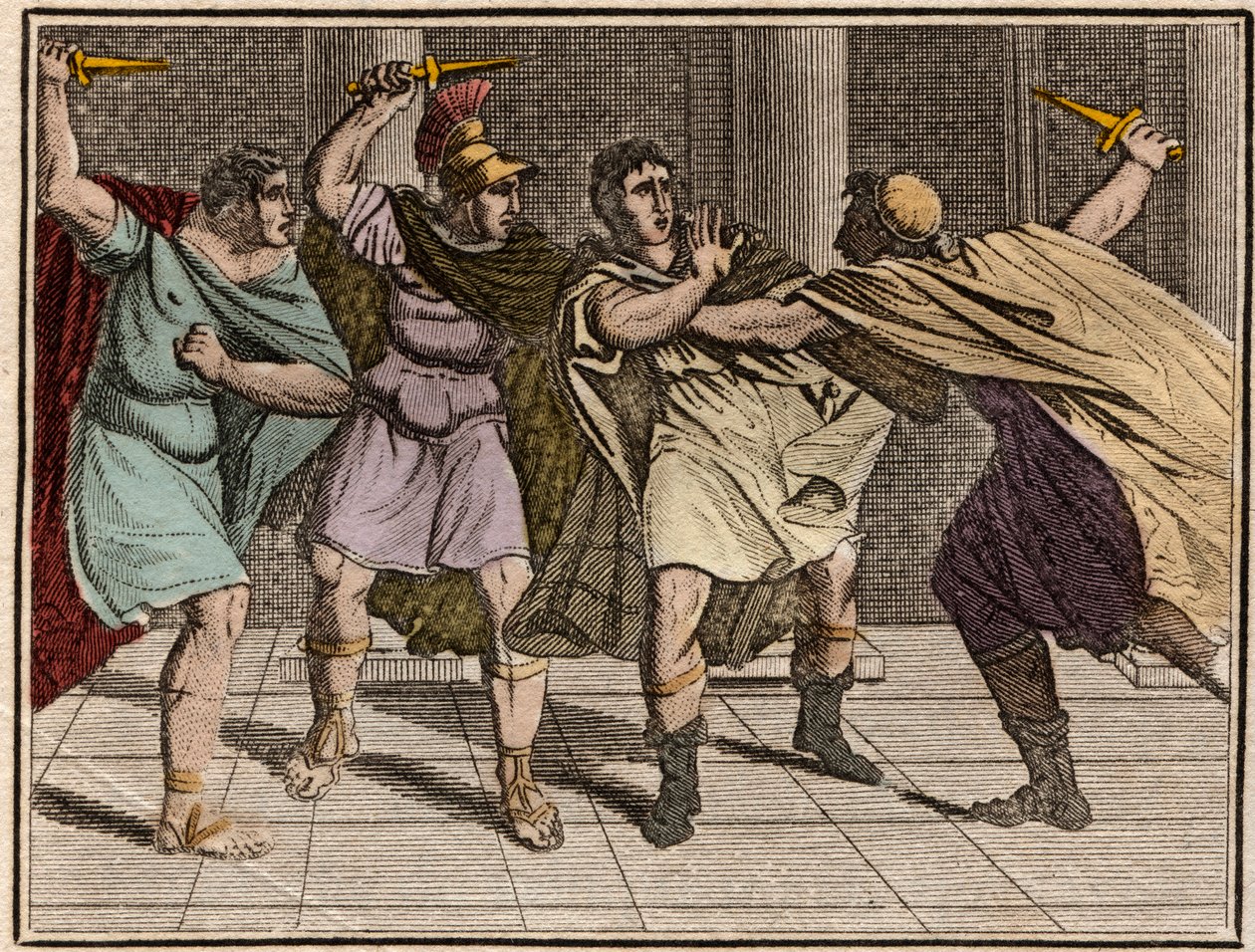 اغتيال الإمبراطور الروماني يوليوس قيصر (جول سيزار - جوليو سيزار أو كايوس يوليوس قيصر) 15 مارس 44 قبل الميلاد - نقش من "" رولين الشباب أو القطع المختارة من القصص القديمة والرومانية "" 1816 - مجموعة خاصة بواسطة مجهول مجهول