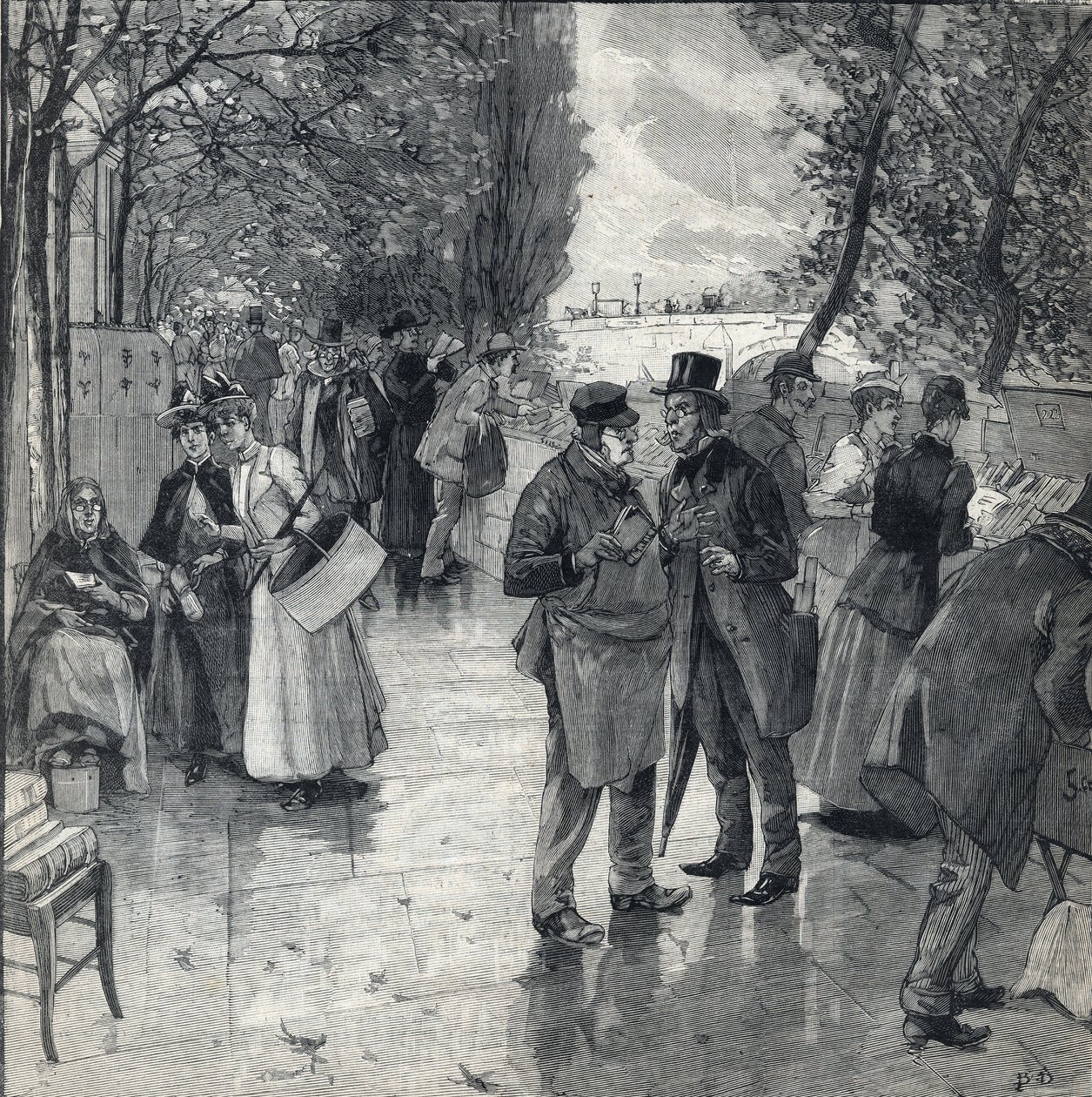مسيرة الكتاب على ضفاف أرصفة الميناء في باريس. نقش في "Le petit parisien" في 30/10/1892. مجموعة خاصة بواسطة مجهول مجهول