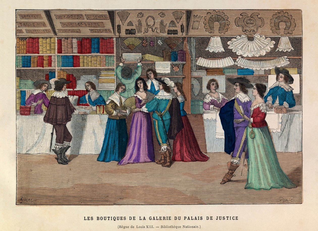 متاجر معرض Palais de Justice في باريس في عهد الملك لويس الثالث عشر في القرن السابع عشر - متاجر في Galerie du Palais de Justice ، باريس ، عهد لويس الثالث عشر بواسطة مجهول مجهول
