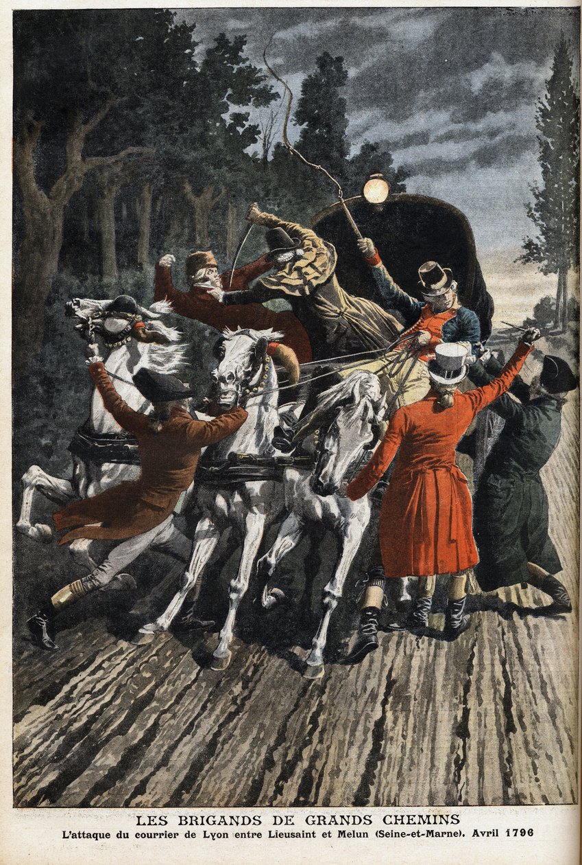 قطاع الطرق على الطرق السريعة: هجوم بريد ليون بين ليوسانت وميلون (سين إت مارن) في أبريل 1796. نقش في "" لو بيتيت جورنال " بواسطة مجهول مجهول