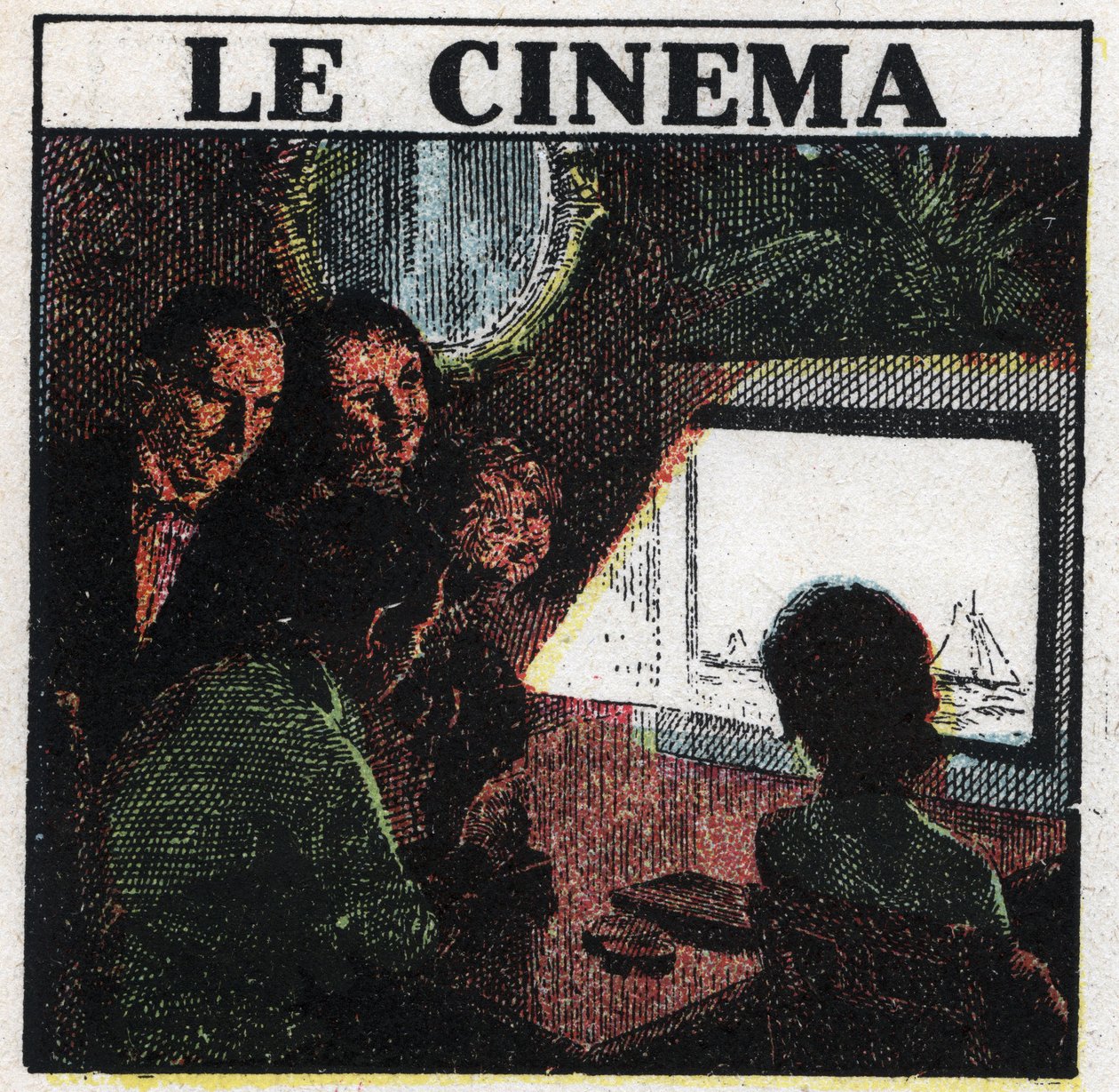 المصور السينمائي: عائلة تشاهد فيلماً على الشاشة. رسم توضيحي مجهول من عام 1925. مجموعة خاصة. بواسطة مجهول مجهول