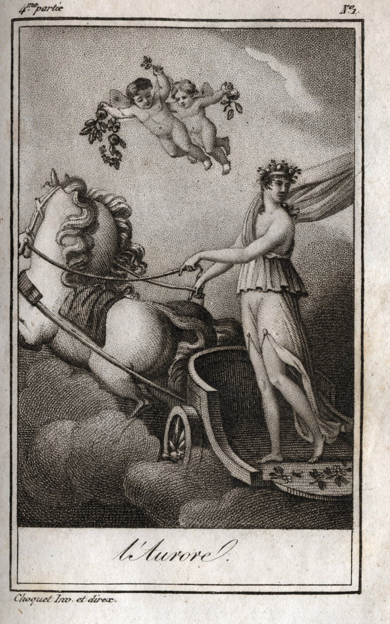 الفجر (أبولو يقود عربة الشمس). رمزية شروق الشمس. نقش من عام 1819 في "Lettres a Emilie sur la mythologie" لتشارلز ألبرت ديموستييه (1760-1801). مجموعة خاصة. بواسطة مجهول مجهول