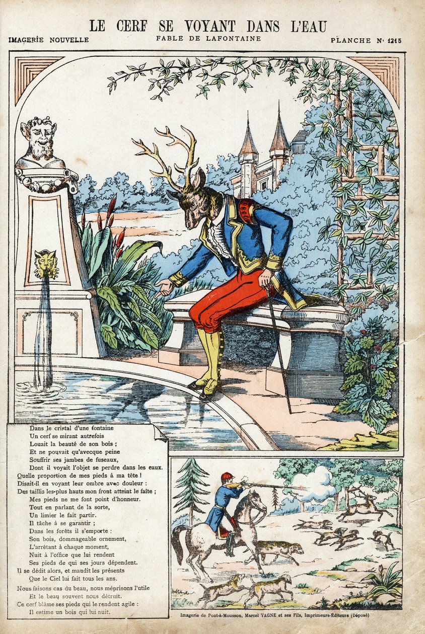 يرى الغزال نفسه في الماء. رسم توضيحي مجهول لـ Les Fables بواسطة Jean de LA FONTAINE (لافونتين) (1621-1695). تصوير بونت آ موسون ، حوالي عام 1880. مجموعة خاصة. بواسطة مجهول مجهول
