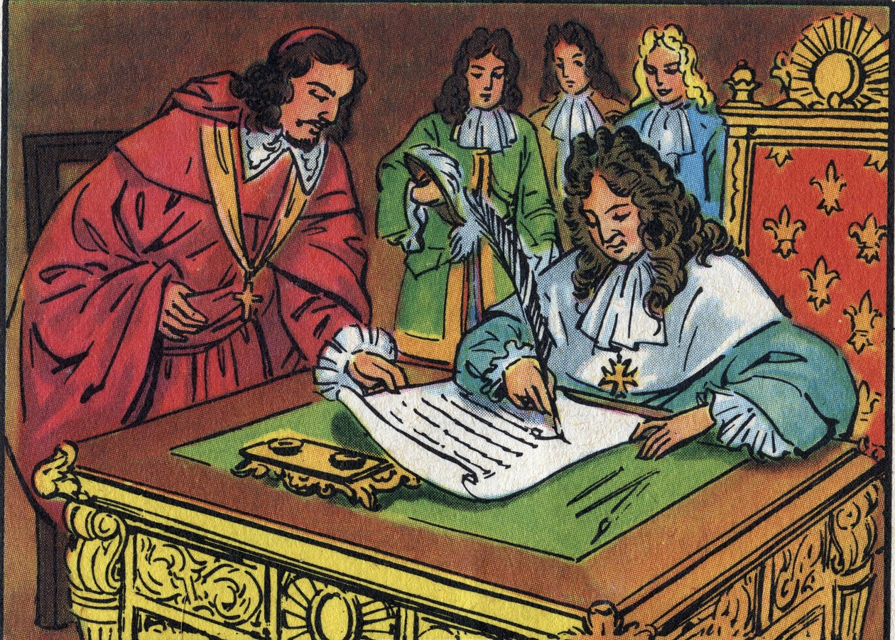 ألغى تحرير Fontainebleau ، الذي وقعه لويس الرابع عشر في 18 أكتوبر 1685 ، تحرير نانت الذي منحه هنري الرابع في عام 1598. رسم مجهول في "" Collection des souverains et chefs d'état de la France "". القرن ال 20. مجموعة خاصة. بواسطة مجهول مجهول